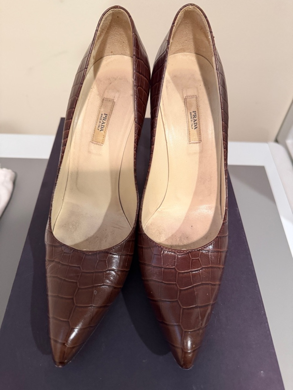 Prada Brown Croc-Embossed Leather Pointed-Toe Pumps